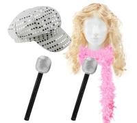 High School Singing Siblings - Blonde Wig, Pink Feather Boa, Sequin Style Hats and Glitter Microphone Props - Movie Musical 00's 2000's Teen Film Fancy Dress Costume