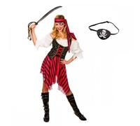 High Seas Pirate Woman Costume + Skull & Crossbones Eyepatch : Adult Ladies Women Caribbean Buccaneer Fancy Dress Outfit (Medium)