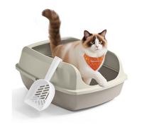 High sided open litter box with scoop for large cats and kittens, Cappuccino Beige / XXL