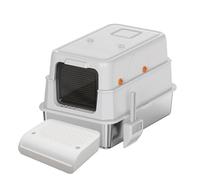 High Sided Stainless Steel Litter Box with Lid, Removable, Enclosed Large cat litter tray with and Steps, Scoop, 180° flip-top Easy Cleaning, Non-Sticky, Non-Odor, Light grey