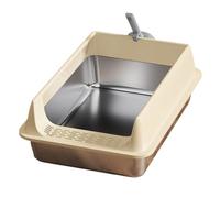 High Sides Large Stainless Steel Cat Litter Box, Open Top Cat Litter Tray with Scoop, Anti-Splash Leak-Proof, Non-Stick Odor Resistant, 40 x 30 x 10 cm for Kittens, Small CatsKhaki, Middle