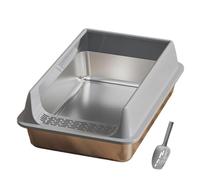High Sides Large Stainless Steel Cat Litter Box, Open Top Cat Litter Tray with Scoop, Anti-Splash Leak-Proof, Non-Stick Odor Resistant, 40 x 30 x 10 cm for Kittens, Small CatsGrey, Middle