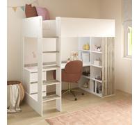 High Sleeper Loft Bed with Desk and Storage in White and Oak - Nelly