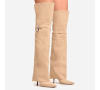 High-Standard Padlock Detail Stiletto Heel Over The Knee Thigh High Boot In Beige Faux Suede, Women's Size UK 5