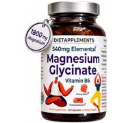 High Strength Magnesium Glycinate 1800mg - 540mg Elemental Magnesium - with Vitamin B6 - 90 Vegan Capsules - 3-month Supply High Absorption Bisglycinate for Nervous System, Tiredness & Muscle Function