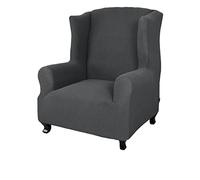 High Stretch NonSlip Dark Grey Wing Chair Cover Thick Knitted Fabric Small Checked Pattern 1 Piece Armchair Protector for Enhanced Comfort and Style