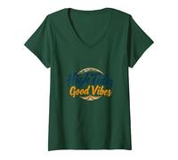 High Tides Good Vibes Beach Surf Summer V-Neck T-Shirt, Women, Forest Green, L