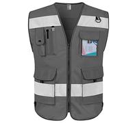 High Visibility Safety Vest with Pockets, ANSI/ISEA Class 2 Reflective Work Vest, Grey Fabric-bison 001, M