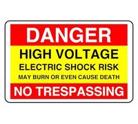 High Voltage Electric Shock Risk No Trespassing - safety sign - 1.2mm Rigid plastic for indoor/outdoor usage (300mm x 200mm) Viewing Distance within 7m.