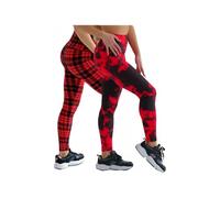High Waist 4 Way Stretch Yoga Workout Ankle Length No See-Through Soft Squat Proof Womens Leggings & Winter Premium Fur Fleece Leggings(Red Tie Dye and Red Plaid 2Pack, S-M)