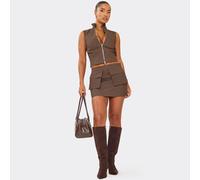 High Waist Cargo Pocket Mini Skirt In Brown Faux Leather, Women's Size UK 8
