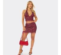 High Waist Embroidered Bead Trim Mini Skirt In Burgundy Sequin, Women's Size UK 6