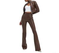 High Waist Leather Look Pants for Party Club Night(Brown S)