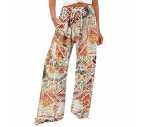 High Waist Paper Bag Elastic Pant with Pockets Womens Casual Work Loose Comfy Cotton Pants Wide Leg Flat Front Trousers for Women Tall Ladies Summer Beach Palazzo Bohemian Trousers Khaki