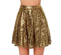 High Waist Pleated Solid Color Short Skirt Loose Sequin Skirt Girls Dots, gold, L