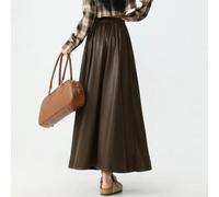 High Waist PU Leather Skirt Mid-Length A-Line Solid | High waist design, slimming A-line , solid black or coffee, elegant office look, size S to XL