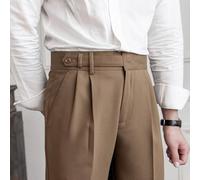 High Waist Straight Cut Trousers for Men Featuring Italian Naples Tailoring Cues and England Wear Context (XL Brown)