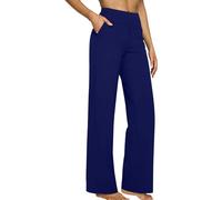 High Waist Straight Leg Trousers Women Stretch Tummy Control Solid Color Yoga Workout Pants Soft Cozy Gym Jogging Walking Work Activewear Bottoms Ladies Casual Smart Trousers with Pockets Blue
