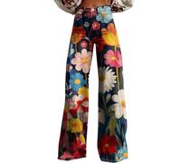 High Waist Stretchy Slacks for Women Women's Vintage Flower Print Trouses Casual Wide Leg Pants for Ladies High Waisted Bell Bottom Pants for Womens with Pockets