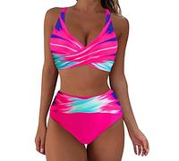 High Waisted 2 Piece Bikini Set Women, Tummy Control Swimwear Sets, Triangle Halter Lace up Women Two Piece Bathing Suits Ruffled Flounce Top January Sales Deals Home Essentials