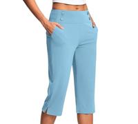 High Waisted 3/4 Length Yoga Trousers for Women - Stretch Sports Leggings with Pockets, Side Button Detail, Plus Size Casual Work Trousers, Fashion Fitness Seven Trouser (Sky Blue, 5XL)