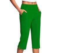 High Waisted 3/4 Length Yoga Trousers for Women - Stretch Sports Leggings with Pockets, Side Button Detail, Plus Size Casual Work Trousers, Fashion Fitness Seven Trousers (Green, 5XL)