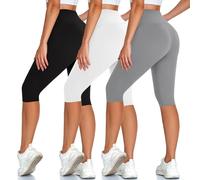 High Waisted 3 Pack Women's Capri Pants - Knee Length Yoga Shorts, Biker Workout Leggings for Women,Summer Activewear, Black/White/Light Grey, Large-X-Large