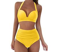High Waisted 50s Bikini Set, Two Piece Womens Swimming Costumes, Halter Neck Women Vintage Underwire Swimsuit Two Pieces Halter Ruched Bikini St Patrick Day Gifts Travelling Essentials Yellow