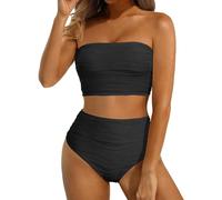 High Waisted Bandeau Bikini Set Women Strapless 2 Piece Swimsuits Ribbed Longline Full Coverage Bathing Suits Swimwear Swimming Costume Women Beach Vacation Holiday Essentials Black