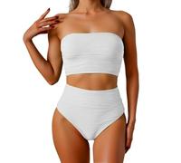 High Waisted Bandeau Bikini Set Women Strapless Two Piece Swimsuits Ribbed Longline Full Coverage Bathing Suits Swimwear