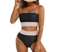 High Waisted Bandeau Bikini Set - Women Strapless Two Piece Swimsuits Ribbed Longline Full Coverage Bathing Suits Swimwear, Black-contrast Trim, Large