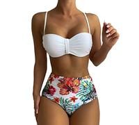 High Waisted Bikini Set Black Bandeau, Push Up Tankini Sets, Low Waisted Tie Side Women's Bottom Bathing Suits Vintage Print Swimwear Thank You Gifts Sports Yoga