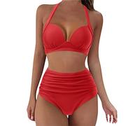 High Waisted Bikini Set Bravissimo, 2 Piece Women's Bikinis, Cut Out Women Vintage Underwire Swimsuit Two Pieces Halter Ruched Bikini Personalised Gifts Suitable for Office Red
