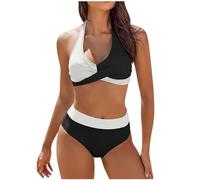 High Waisted Bikini Set for Women UK 2 Piece Push Up Padded Swimsuit Halter Neck Swimwear Bathing Suit Striped Color Block Bikini Sets Ladies Clearance