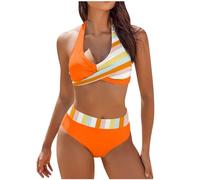 High Waisted Bikini Set for Women UK 2 Piece Push Up Padded Swimsuit Halter Neck Swimwear Bathing Suit Striped Color Block Bikini Sets Ladies Clearance