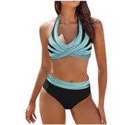 High Waisted Bikini Set for Women UK 2 Piece Push Up Padded Swimsuit Halter Neck Swimwear Bathing Suit Striped Color Block Bikini Sets Ladies Clearance