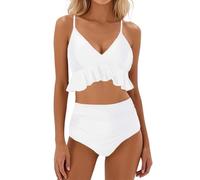 High Waisted Bikini Set Halter Ruffled Bikini Padded 2 Piece Shoulder Straps Beachwear Tummy Control Swimwear Bathing Suits for Grils Womens Summer Beach Pool Water Sport White
