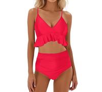 High Waisted Bikini Set Halter Ruffled Bikini Padded 2 Piece Shoulder Straps Beachwear Tummy Control Swimwear Bathing Suits for Grils Womens Summer Beach Pool Water Sport Red