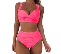 High Waisted Bikini Set Modest, 2 Piece Tankini Sets, Twist Front Tie Side Women Two Piece Tankini Swimsuits High Waist Halter Vintage Bikini Set Sale Essentials Pink
