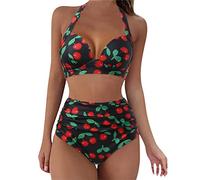 High Waisted Bikini Set Orange, 2 Piece Swimming Costume for Women, Floral Print Bikini Set Halter Hollow Out Back Hook Push up Bikini Top UK Stock Sale Holiday Essentials for Women