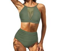 High Waisted Bikini Set, Plus Size Bikini Swimsuit, Leaf Print Knot Adjustable Women Swimsuits Criss Cross Drawstring Side Bikini Sets Deals of The Day Travel Essentials