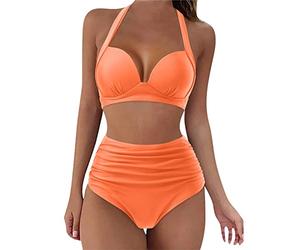 High Waisted Bikini Set Push up, V Neck Bikini Top with Bottoms, Low Waisted Strappy Women's Bikini Swimsuit Triangle String Halter Bathing Suits UK Stock Sale Sports Orange