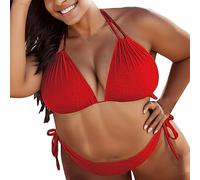 High Waisted Bikini Set Triangle Quick Drying Plus Size Bathing Suits Halterneck Solid Color Women Bikini Set Push Up V Neck Swimsuits Swimwear 2 Piece Bathing Suit Beach Bikinis (Red, XXXXXL)