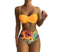 High Waisted Bikini Set with Shorts, Tummy Control Women's Bikini Sets, Underwired Padded Women's Bikini Set V Neck Padded Bathing Suits Swimsuits January Sales Deals Sports Orange