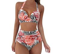High Waisted Bikini Sets for Women Uk 36 G, Tummy Control Women's Bikini & Briefs, Leaf Print Knot Adjustable Bikini Set Halter Hollow out Back Hook Push up Bikini Top Coronation Gifts Holiday