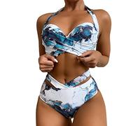 High Waisted Bikini Sets for Women UK Size, 2 Piece Breathable Beachwear, Spaghetti Strap Halterneck Women Two Piece Bathing Suits Ruffled Flounce Top St Patrick's Day Gifts Autumn Winter Beach Blue
