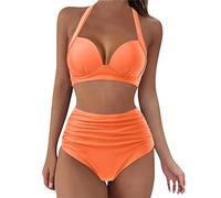 High Waisted Bikini Sets for Women UK XS, Plus Size Womens Swimming Costumes, Racer Back Women's Sexy Halter Bikini Set Tie Sides Thong Triangle Brazilian Bikini Gifts for Mum Work Orange