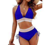 High Waisted Bikini Sets for Women - V Neck Color Block Two Piece Swimsuit, Ruched Drawstring Tummy Control Shorts Cross Bathing Suit, Push Up Bikini for Beach Vacation (B Royal Blue,L)