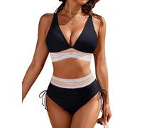 High Waisted Bikini Sets for Women - V Neck Color Block Two Piece Swimsuit, Ruched Drawstring Tummy Control Shorts Cross Bathing Suit, Push Up Bikini for Beach Vacation (B Black,XL)