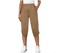 High Waisted Capri 3/4 Length Leggings for Women, Buttery Soft Elastic Opaque Tummy Control Leggings, Cropped Trousers for Workout Gym Yoga Polyester Elastic Gym(XL Khaki Color)